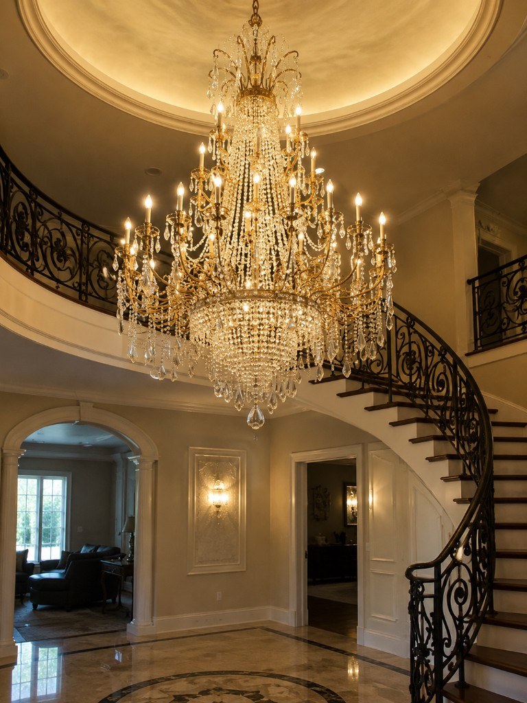 Crystal chandelier in a grand foyer, Long Island home