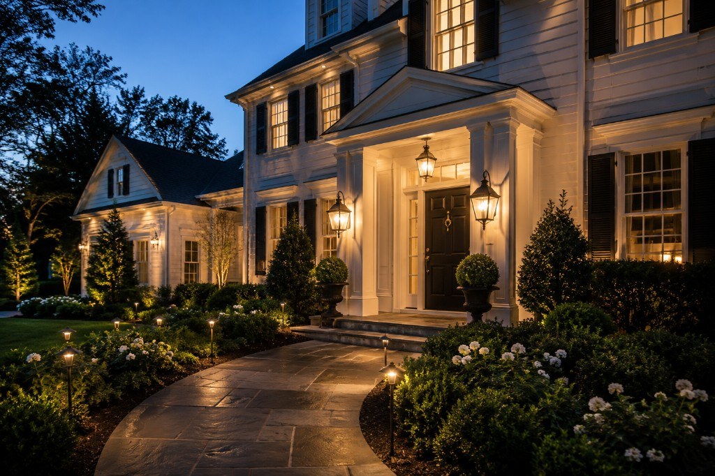 Outdoor lanterns and landscape lighting, Long Island exterior