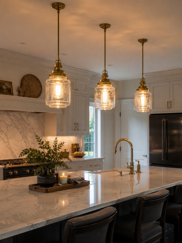 Modern pendant lights over kitchen island, Long Island renovation